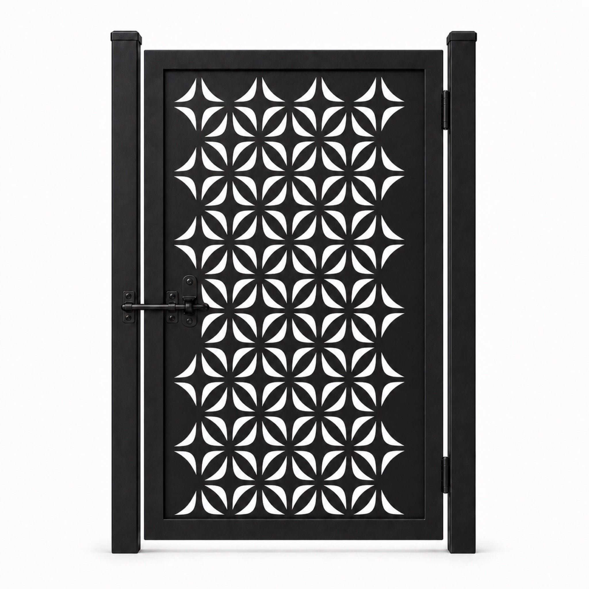 Design 063 four point curved leaf grid black laser cut metal pedestrian gate closed view