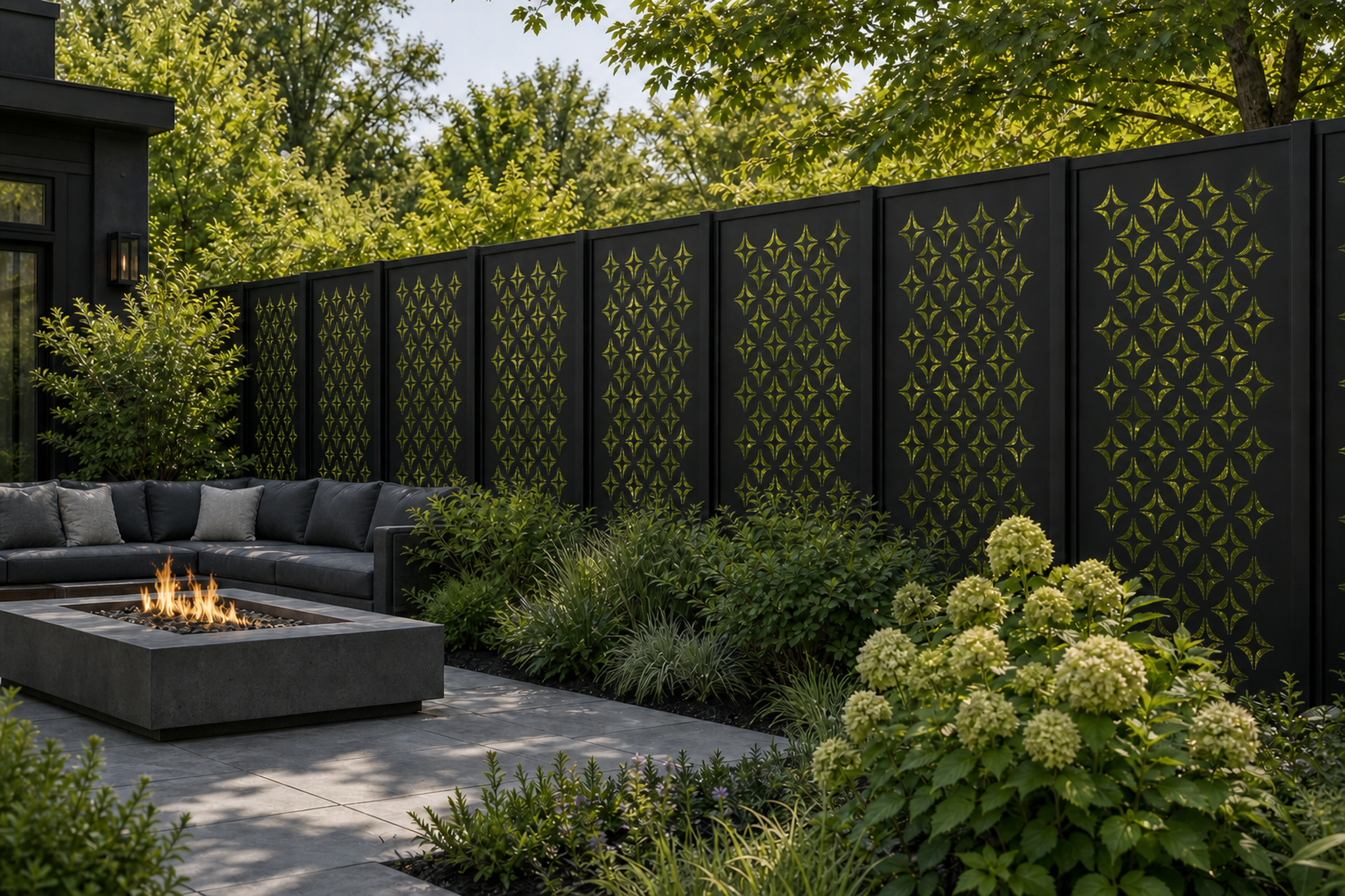 Design 063 Star Diamond Grid Laser Cut Metal Privacy Screen Panel installed garden daylight view