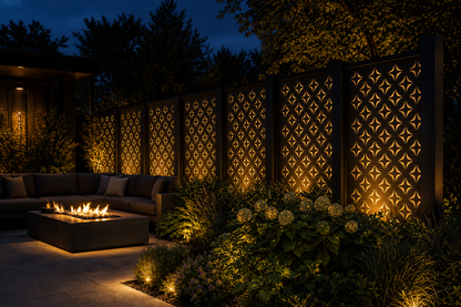 Design 063 Star Diamond Grid Laser Cut Metal Privacy Screen Panel installed garden night lighting view