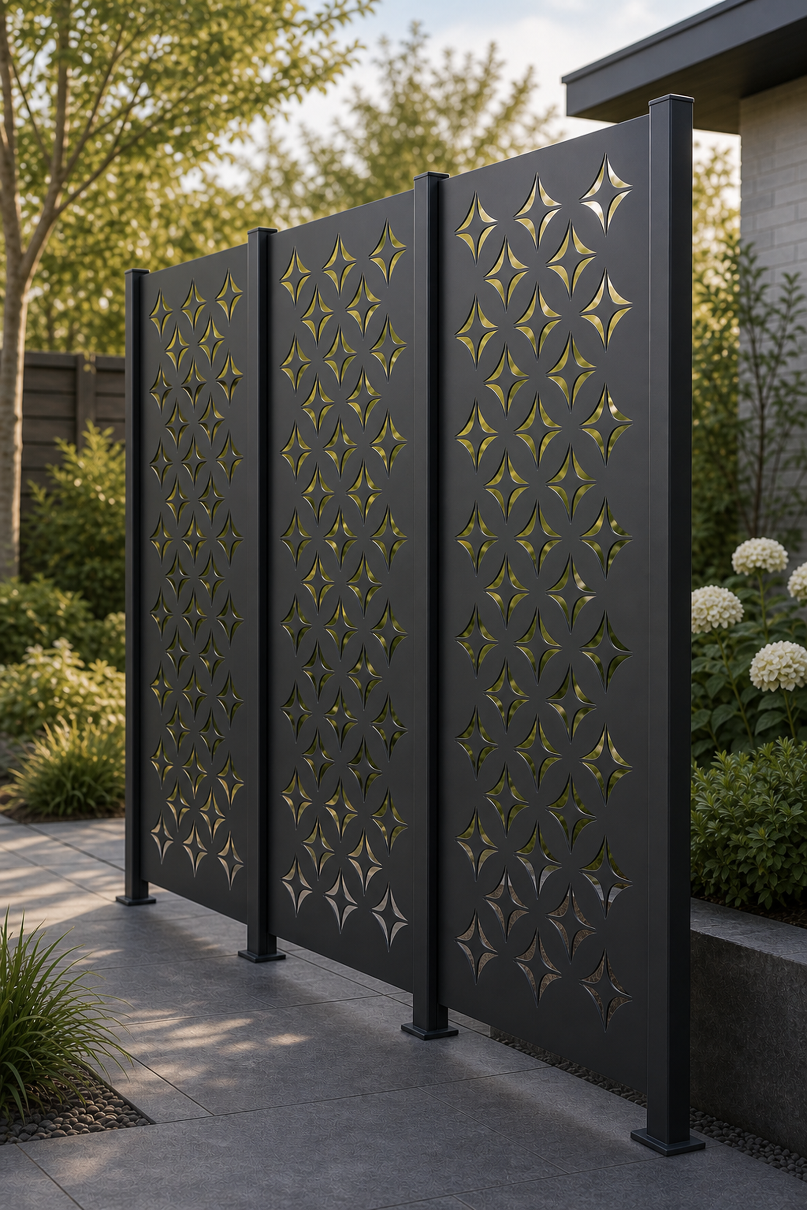 Design 063 Star Diamond Grid Laser Cut Metal Privacy Screen Panel oblique angle view