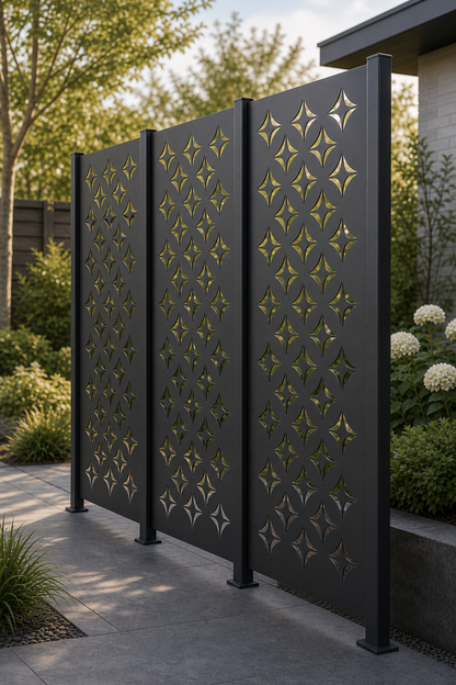 Design 063 Star Diamond Grid Laser Cut Metal Privacy Screen Panel oblique angle view