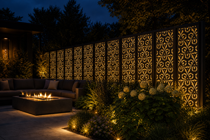 Design 064 Circle Floral Grid Laser Cut Metal Privacy Screen Panel installed garden night lighting view