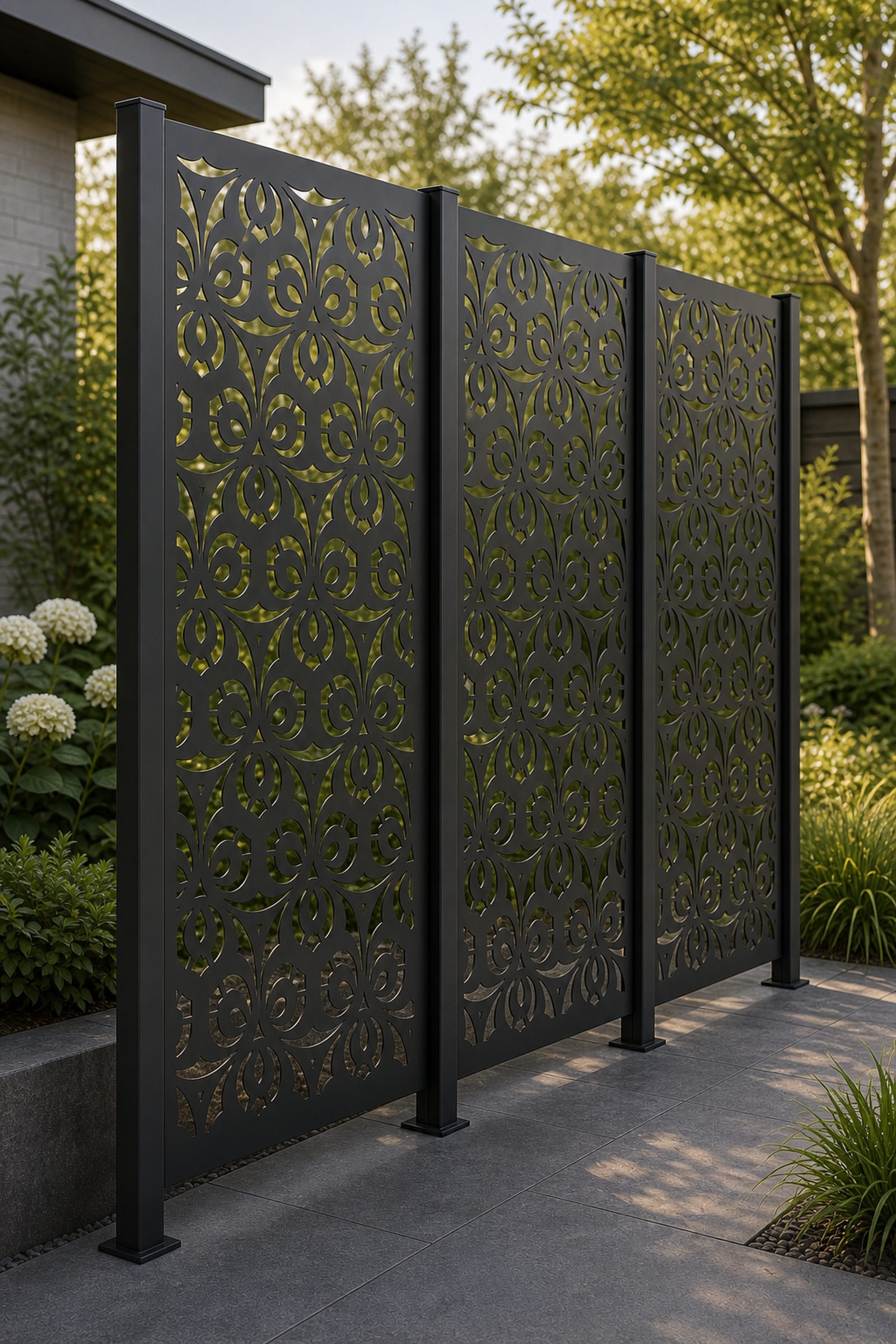 Design 064 Circle Floral Grid Laser Cut Metal Privacy Screen Panel oblique angle view