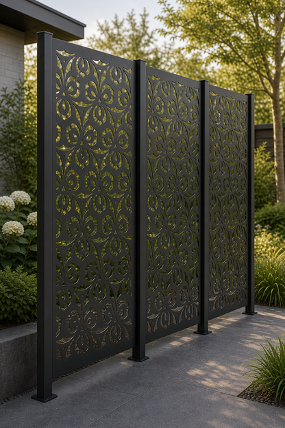 Design 064 Circle Floral Grid Laser Cut Metal Privacy Screen Panel oblique angle view