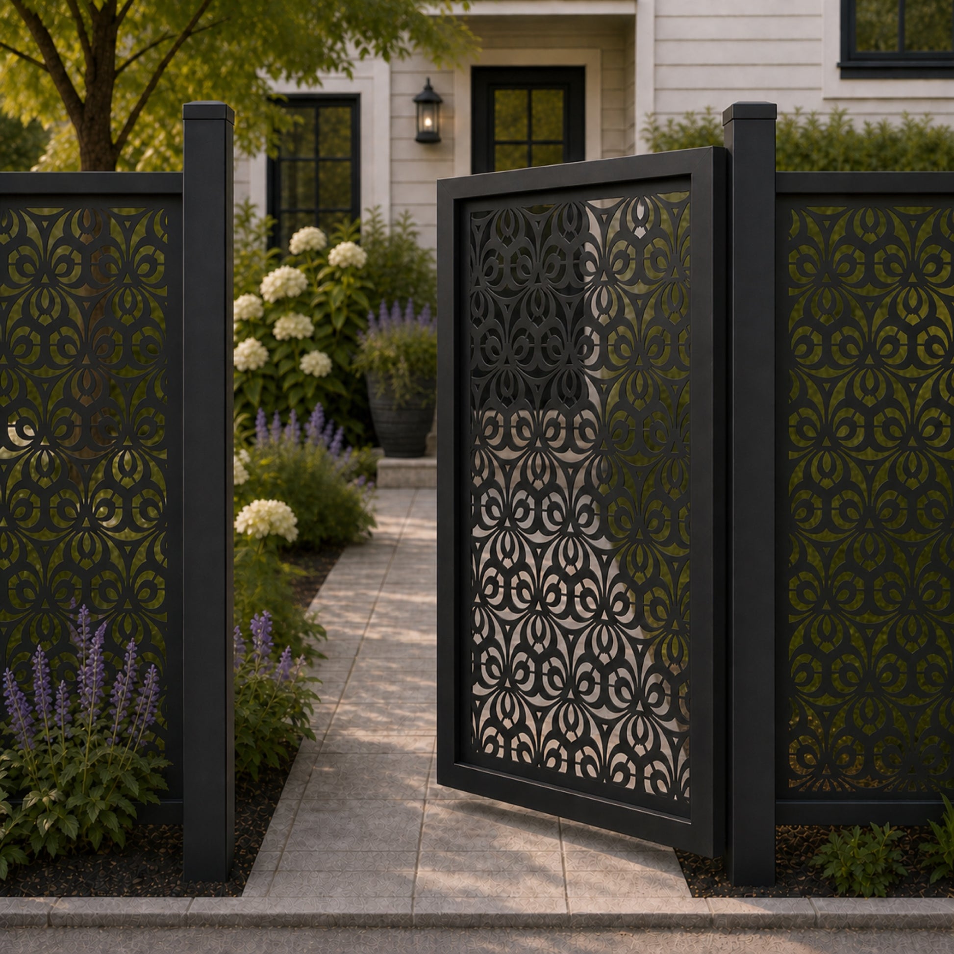 Design 064 dense floral arch scroll black aluminium side gate open view