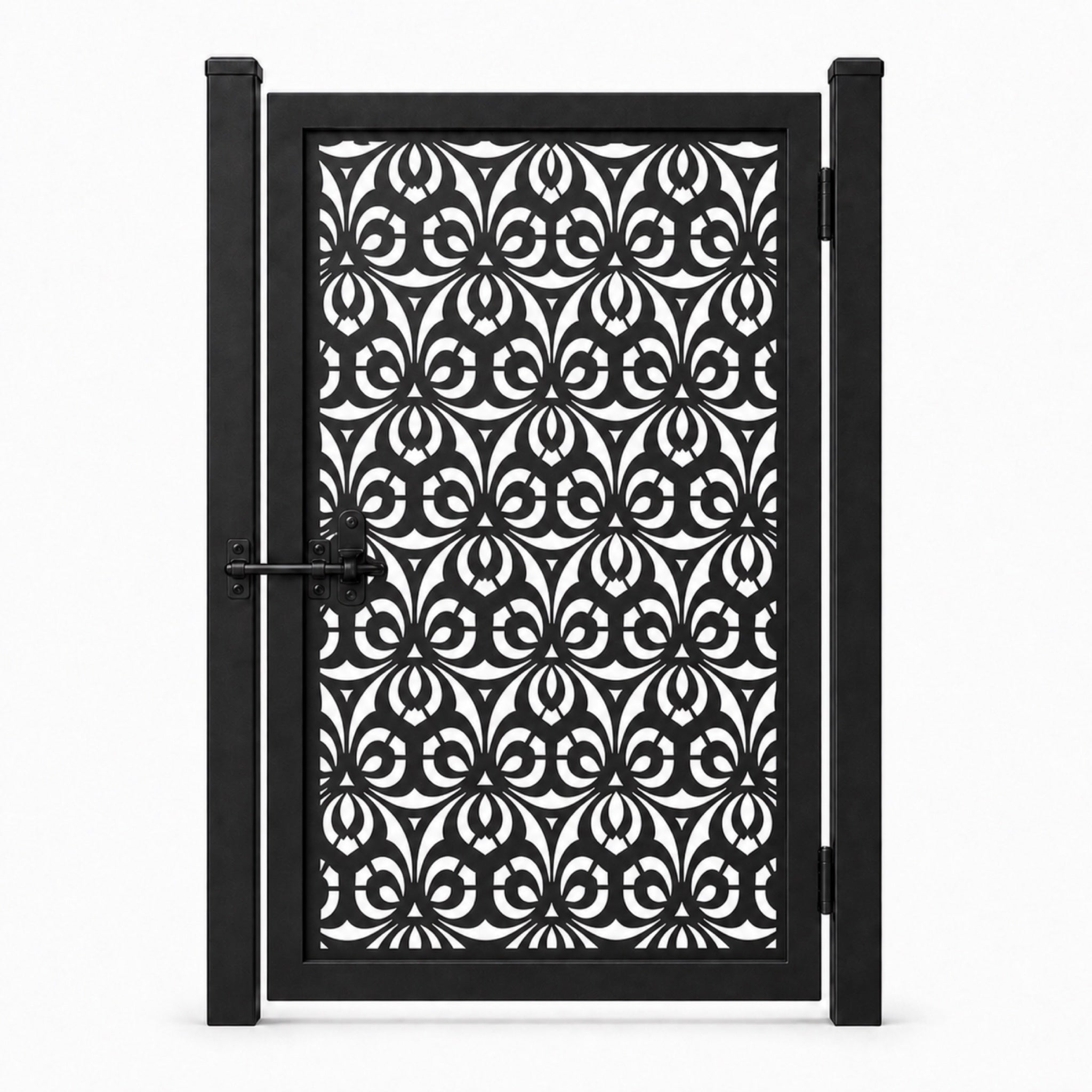 Design 064 dense floral arch scroll black laser cut metal pedestrian gate closed view