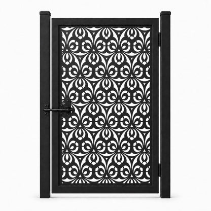 Design 064 dense floral arch scroll black laser cut metal pedestrian gate closed view