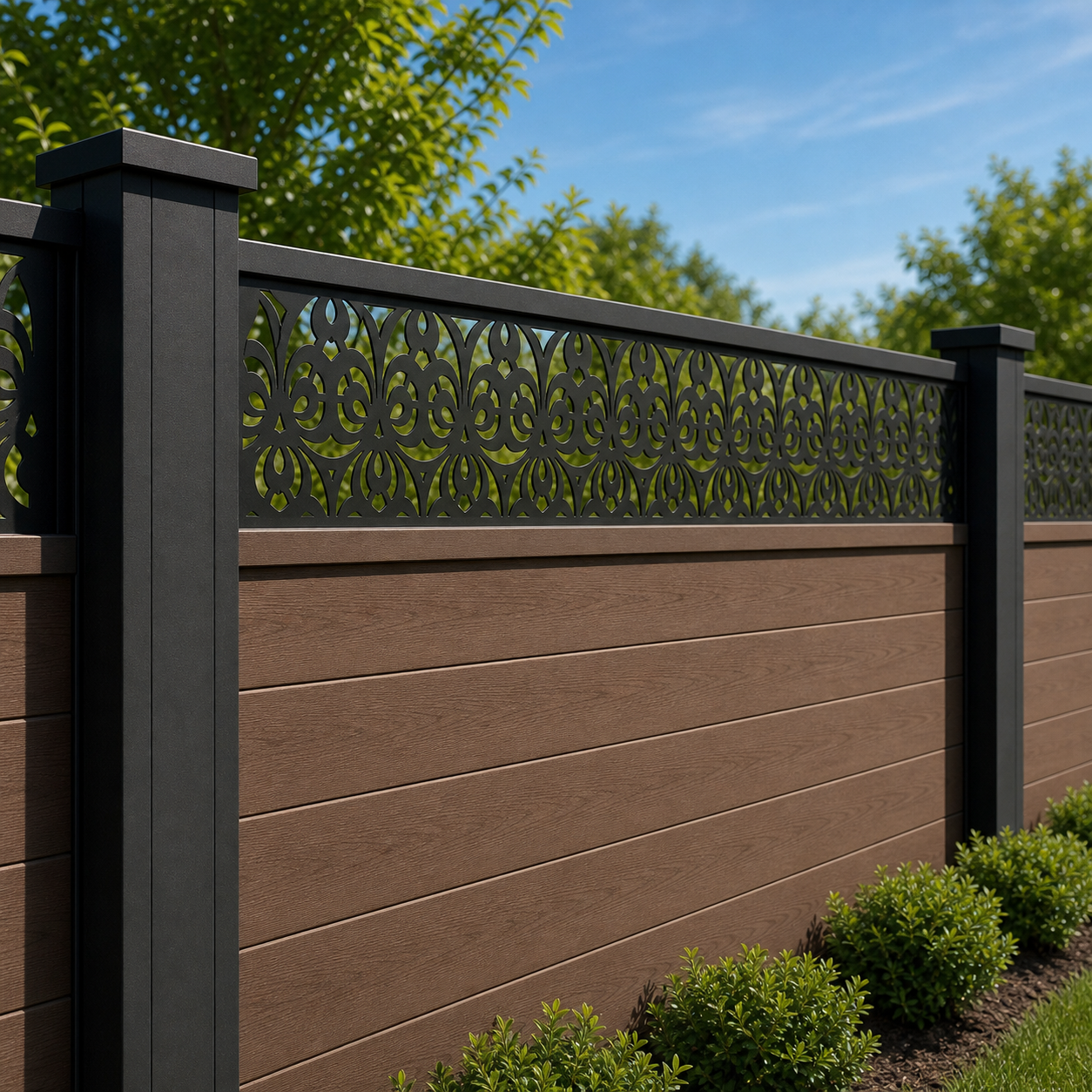 Mosaic Medallion Lace laser cut fence extension panel installed on composite fence, angle view, Design 064