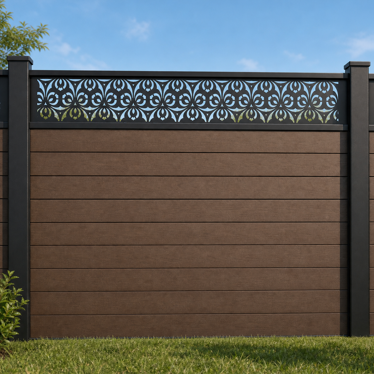 Mosaic Medallion Lace metal fence topper installed above WPC composite privacy fence, front view, Design 064