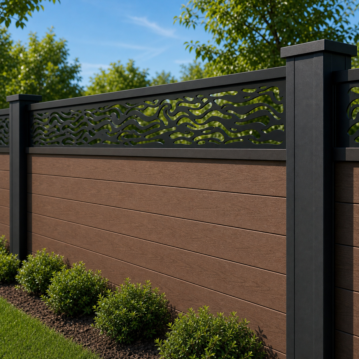 Abstract Flame Wave laser cut fence extension panel installed on composite fence, angle view, Design 065