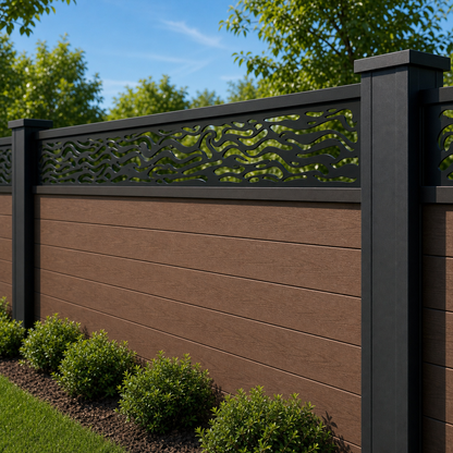 Abstract Flame Wave laser cut fence extension panel installed on composite fence, angle view, Design 065