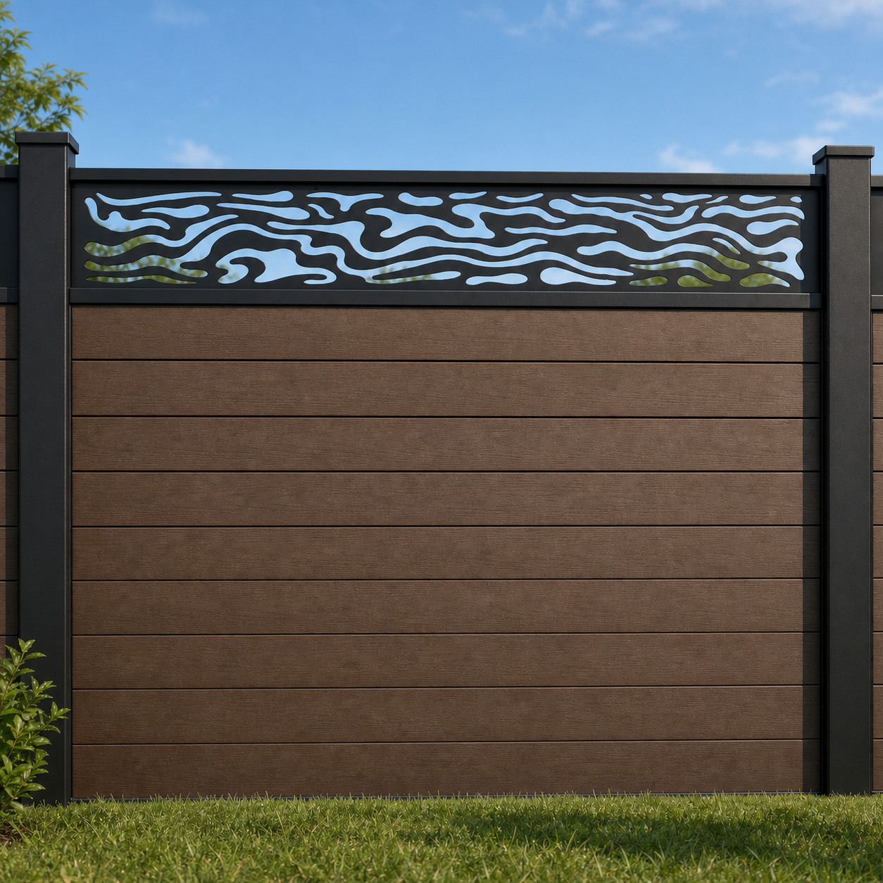 Abstract Flame Wave metal fence topper installed above WPC composite privacy fence, front view, Design 065