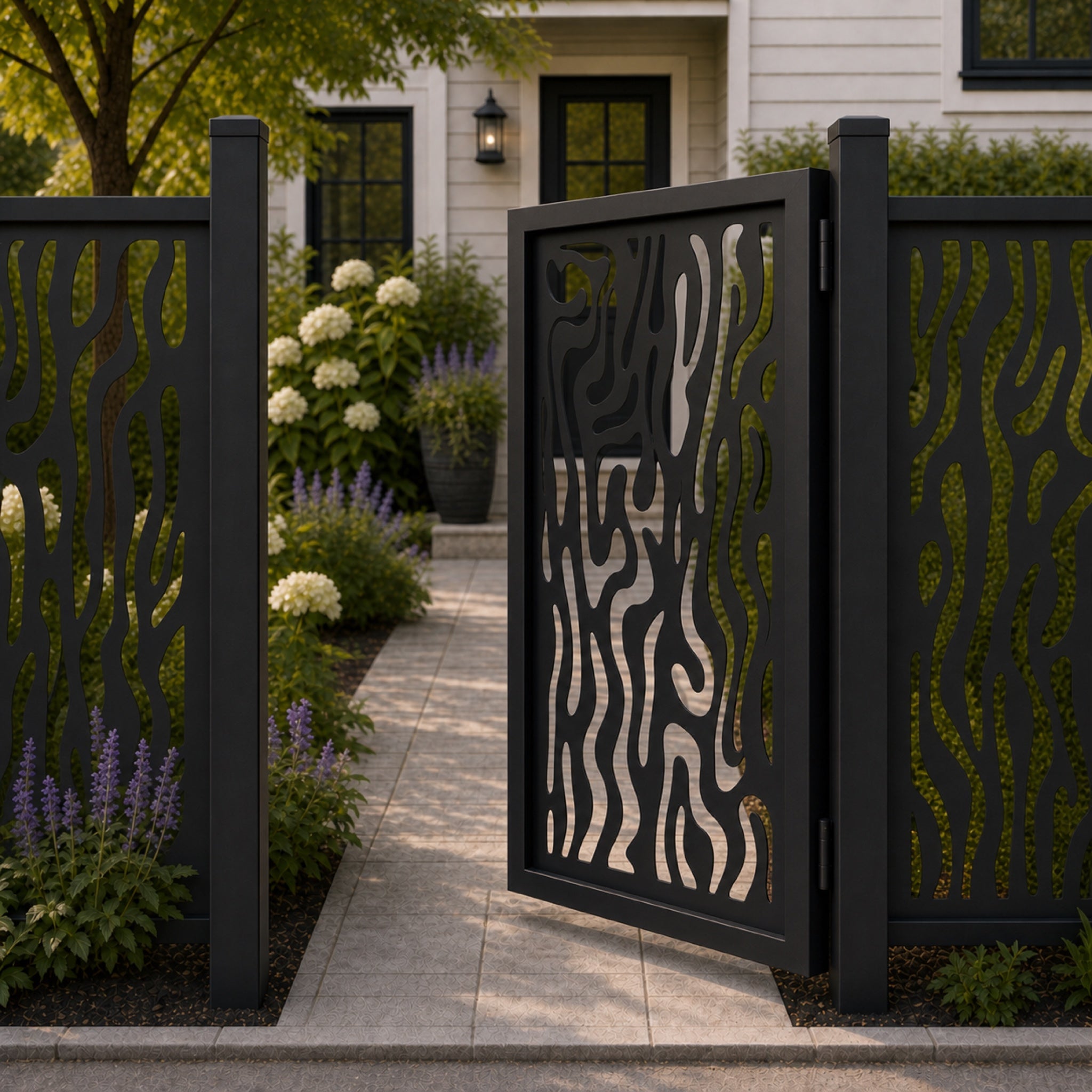 Design 065 organic flowline black aluminium side gate open view