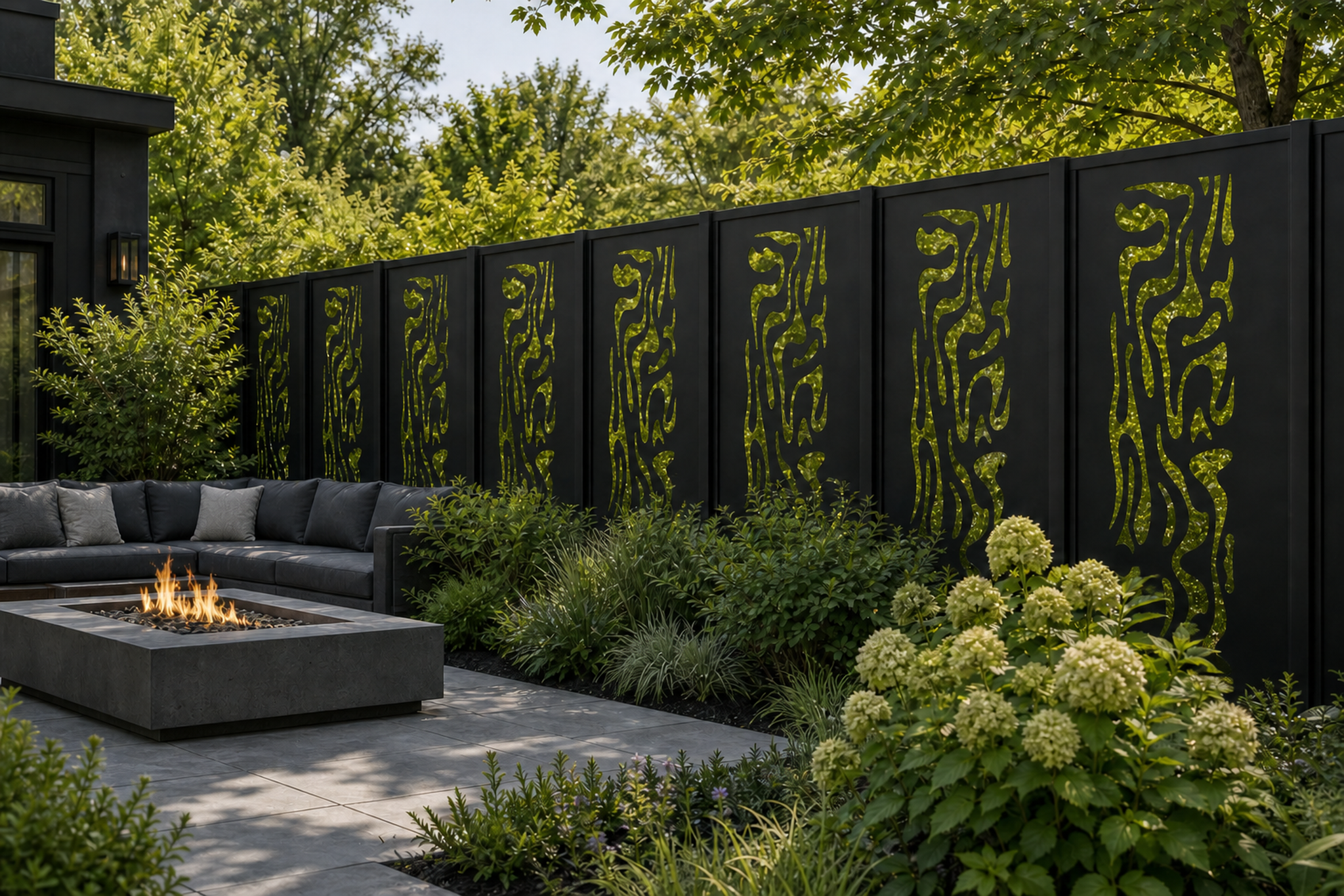 Design 065 Woodgrain Flame Laser Cut Metal Privacy Screen Panel installed garden daylight view
