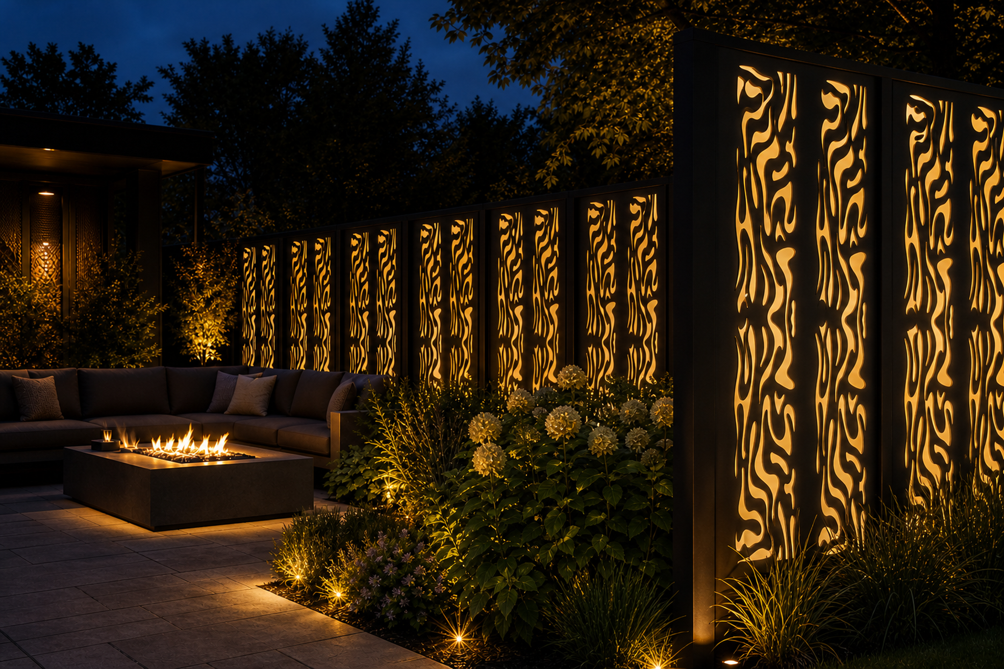 Design 065 Woodgrain Flame Laser Cut Metal Privacy Screen Panel installed garden night lighting view