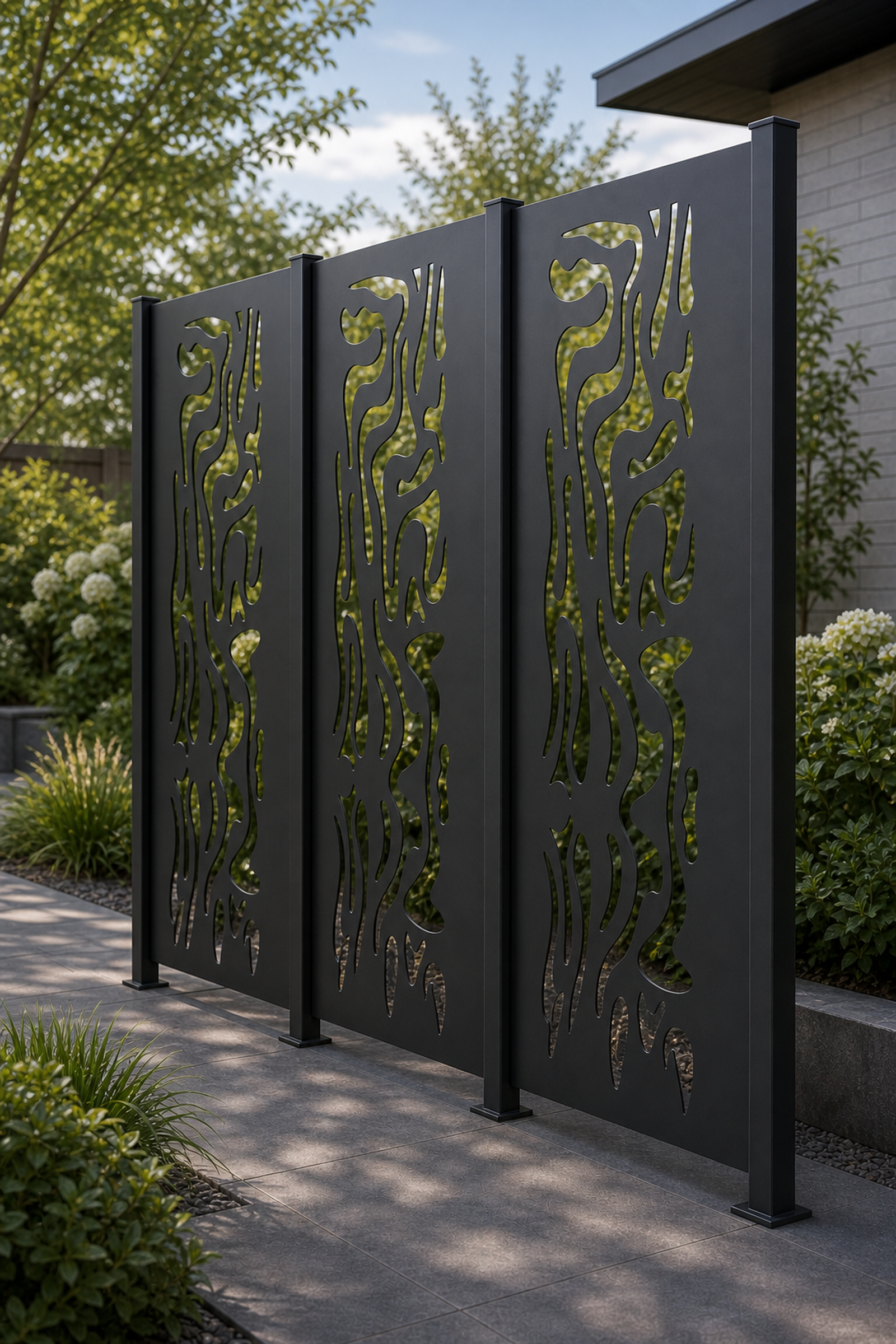 Design 065 Woodgrain Flame Laser Cut Metal Privacy Screen Panel oblique angle view