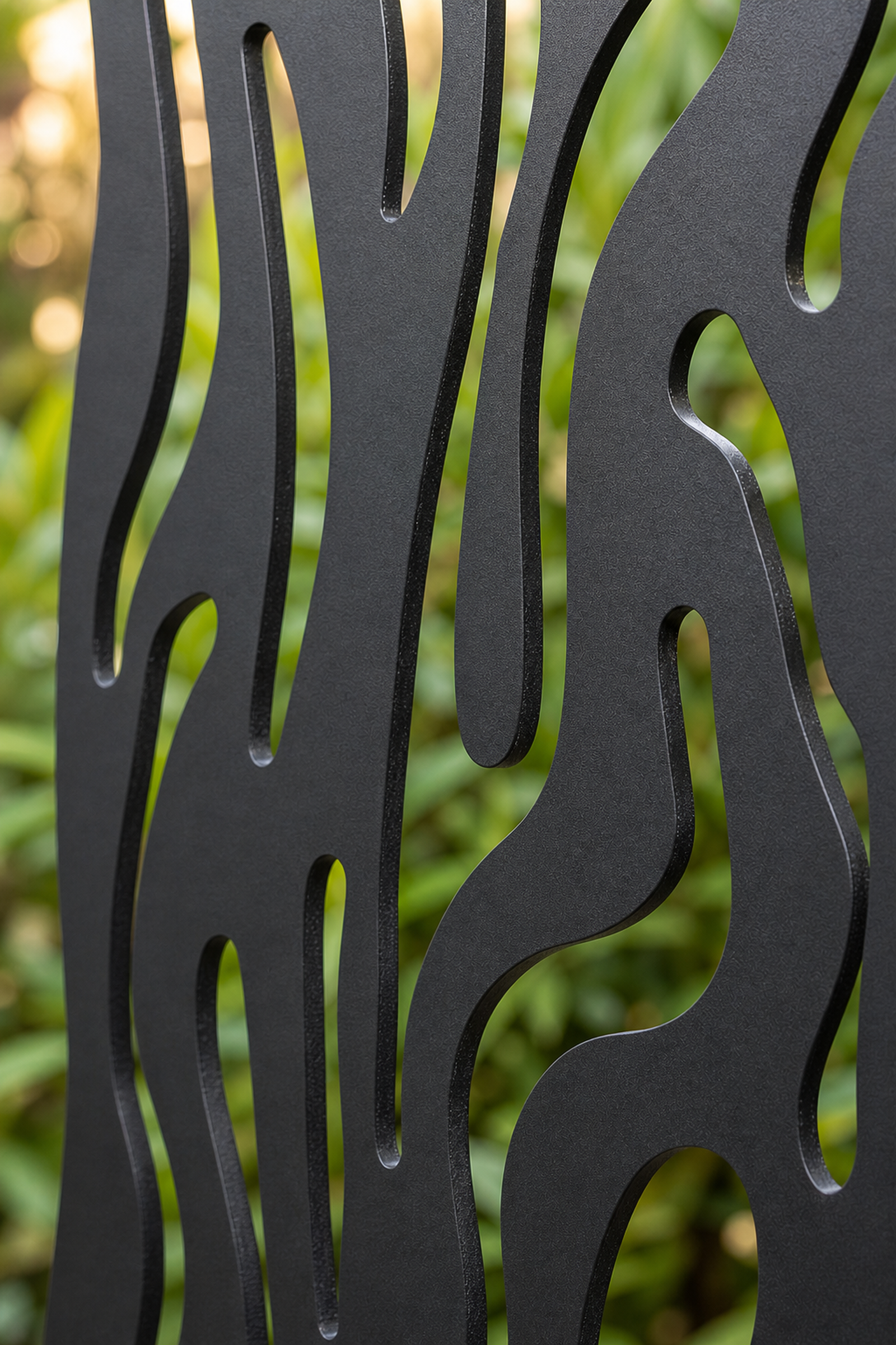 Design 065 Woodgrain Flame Laser Cut Metal Privacy Screen Panel close-up detail view