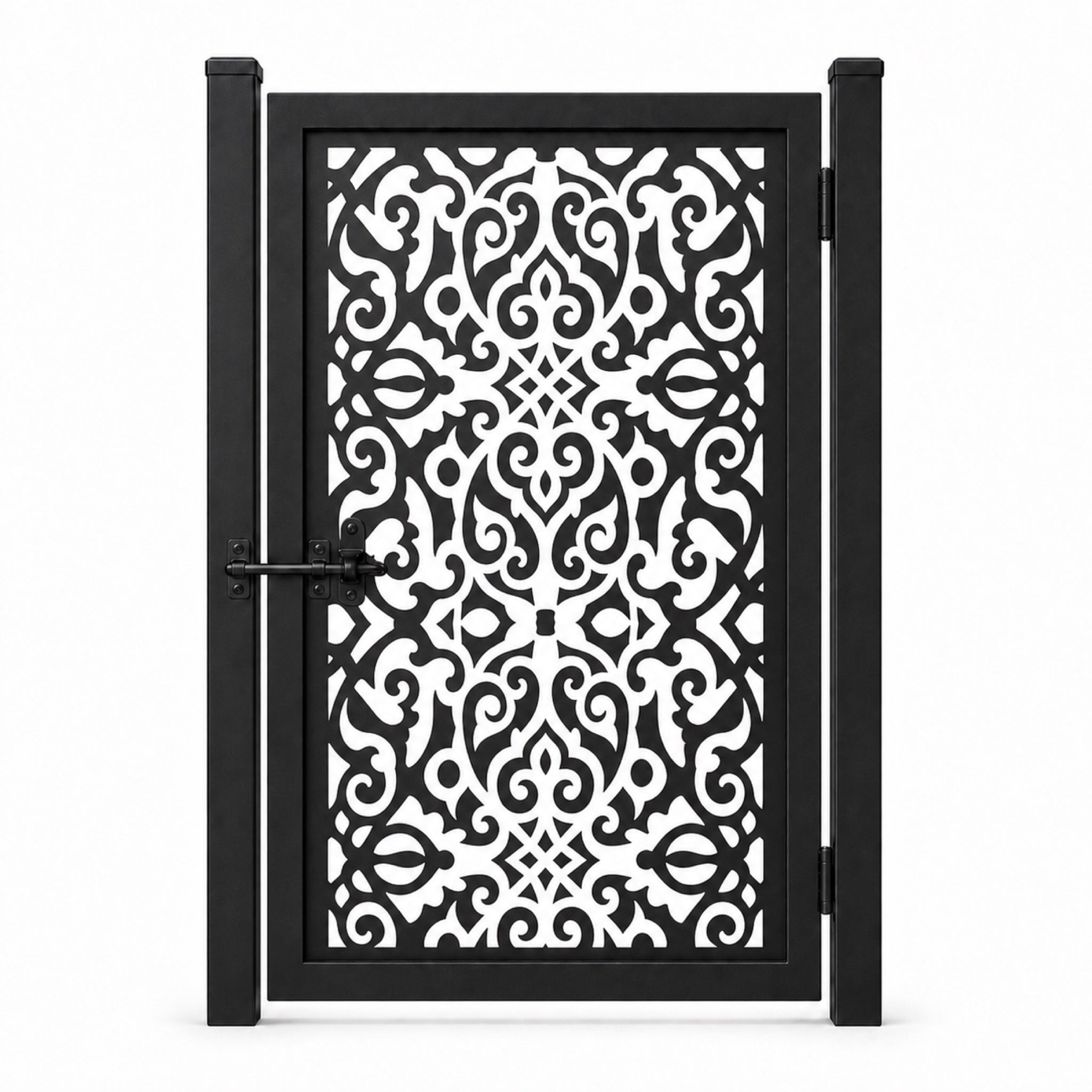 Design 091 european center axis scrollwork black laser cut metal pedestrian gate closed view
