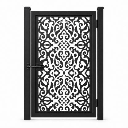 Design 091 european center axis scrollwork black laser cut metal pedestrian gate closed view