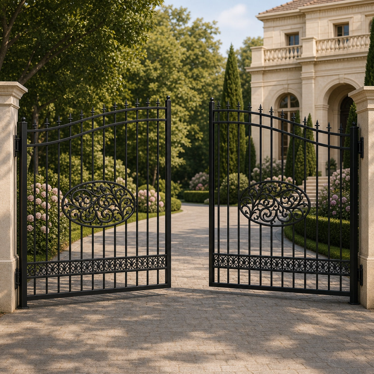 EONE Design 091 powder coated black estate swing gate shown 30 degrees open for driveway entry view