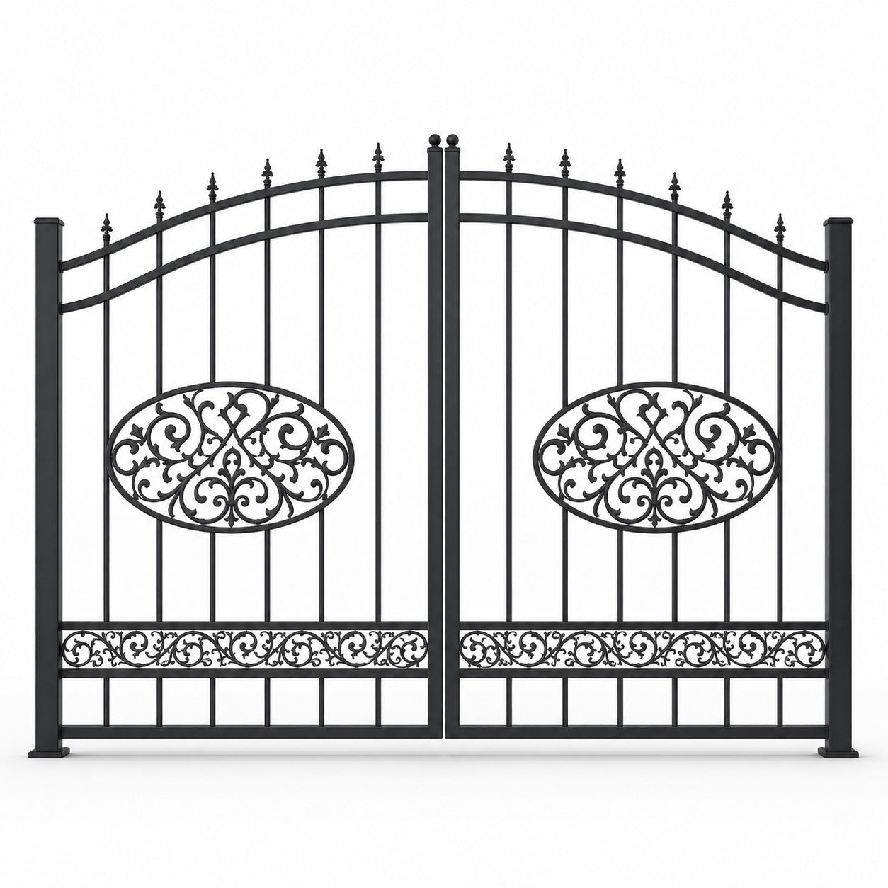 EONE Design 091 powder coated black estate swing gate shown as a closed double swing estate driveway gate