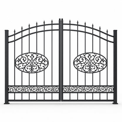 EONE Design 091 powder coated black estate swing gate shown as a closed double swing estate driveway gate
