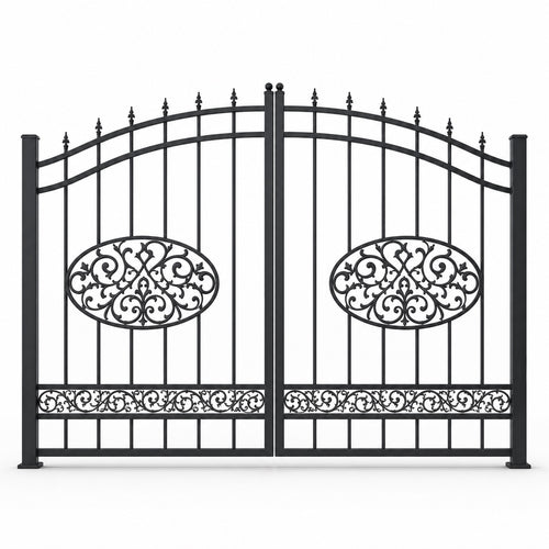 EONE Design 091 powder coated black estate swing gate shown as a closed double swing estate driveway gate