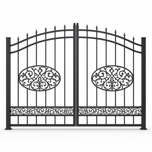 EONE Design 091 powder coated black estate swing gate shown as a closed double swing estate driveway gate