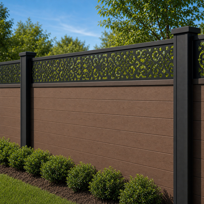 Tiny Scroll Lace laser cut fence extension panel installed on composite fence, angle view, Design 091