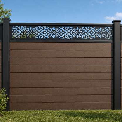 Tiny Scroll Lace metal fence topper installed above WPC composite privacy fence, front view, Design 091