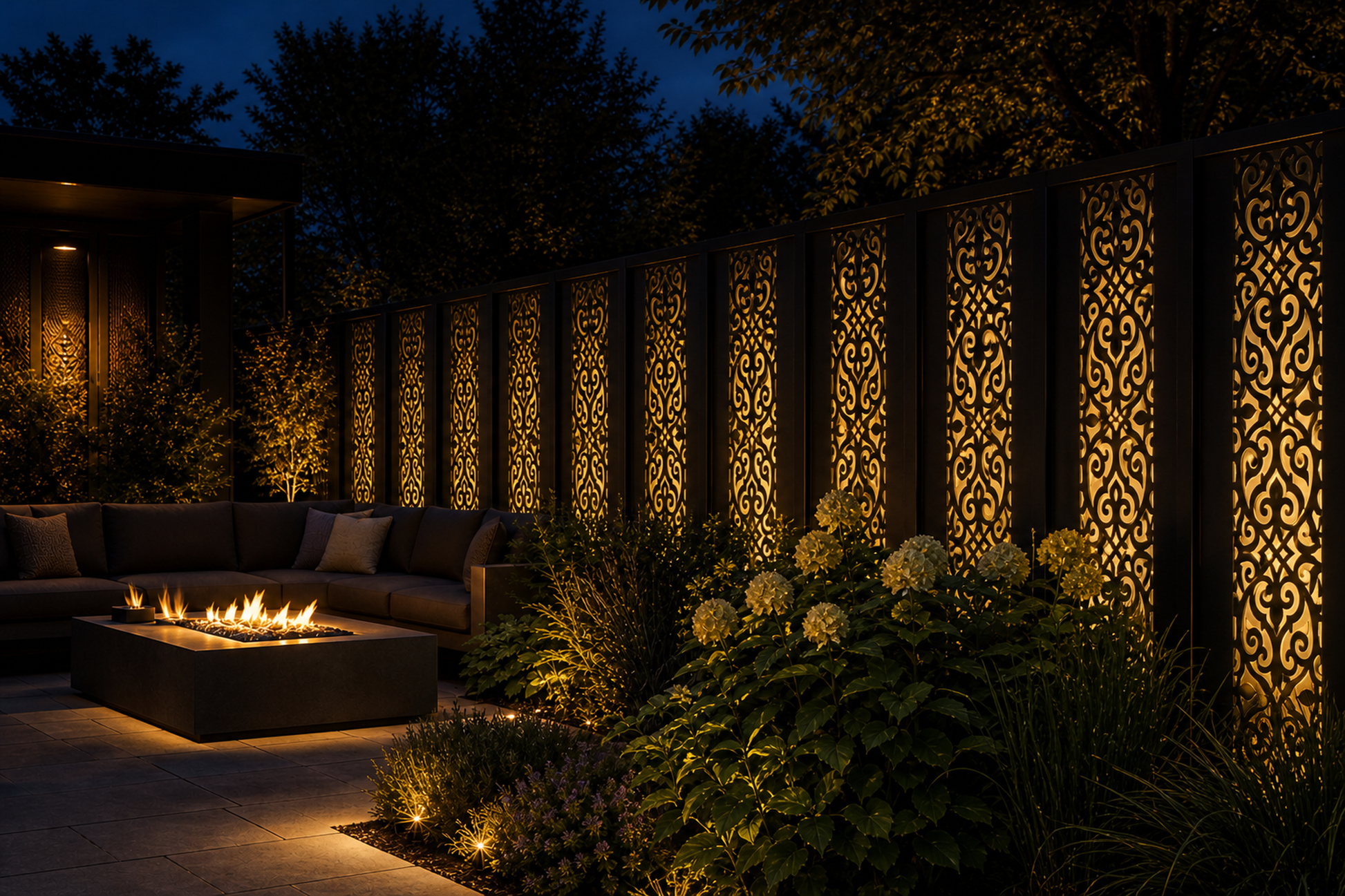 Design 091 Tiny Scroll Lace Laser Cut Metal Privacy Screen Panel installed garden night lighting view