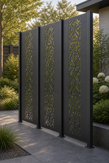 Design 091 Tiny Scroll Lace Laser Cut Metal Privacy Screen Panel oblique angle view