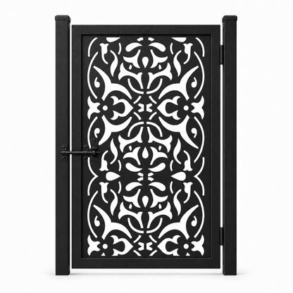 Design 092 open floral leaf scrollwork black laser cut metal pedestrian gate closed view