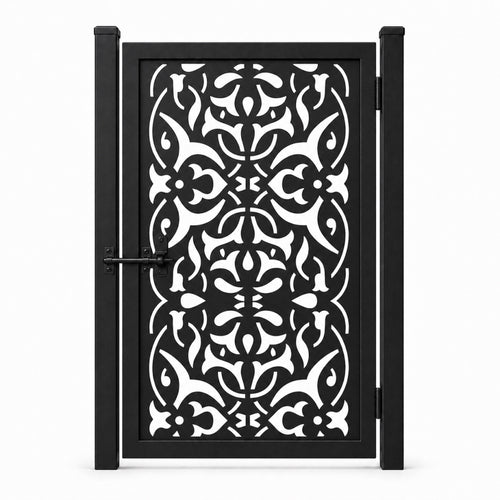 Design 092 open floral leaf scrollwork black laser cut metal pedestrian gate closed view