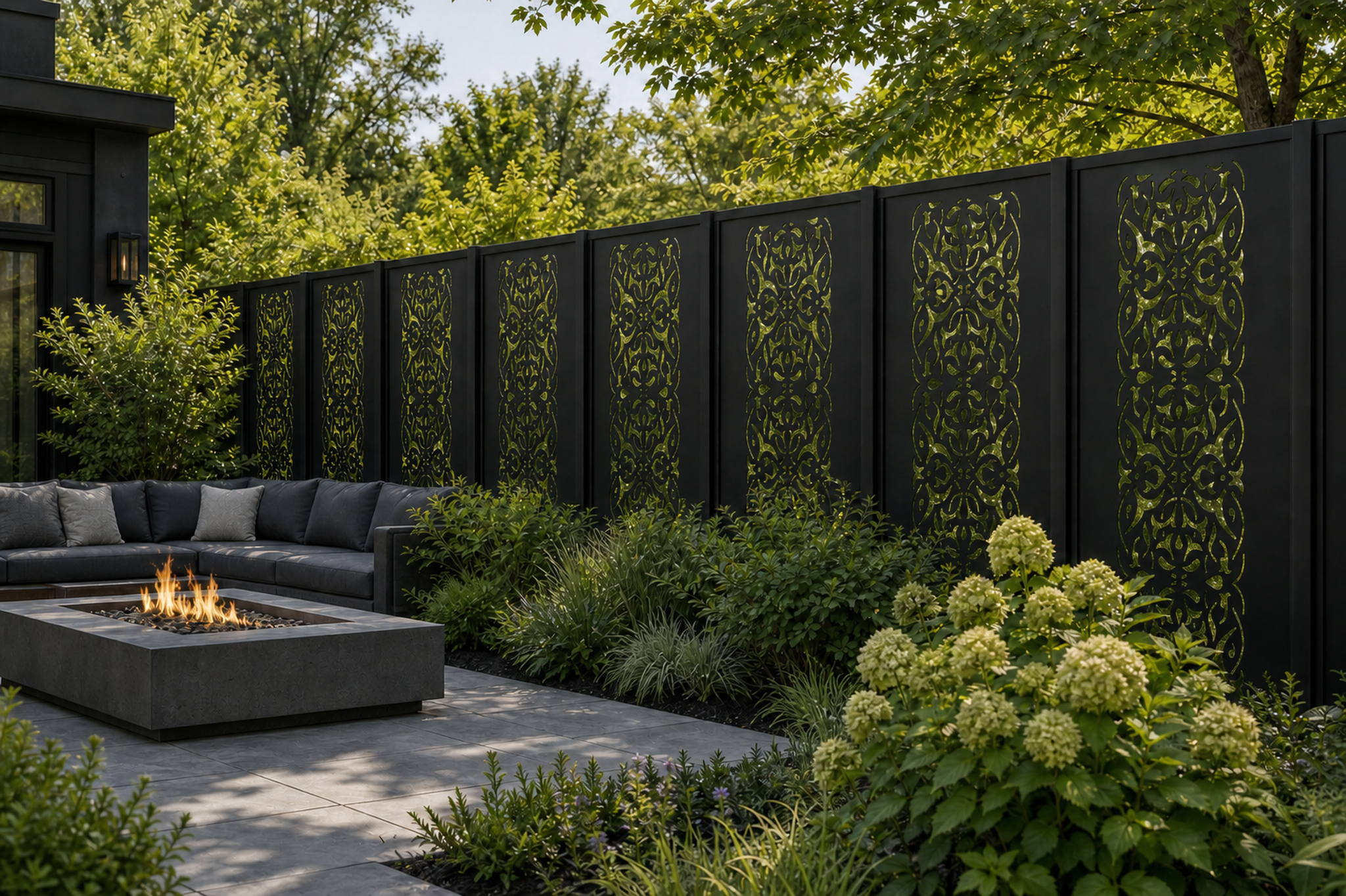 Design 092 Ornate Damask Panel Laser Cut Metal Privacy Screen Panel installed garden daylight view