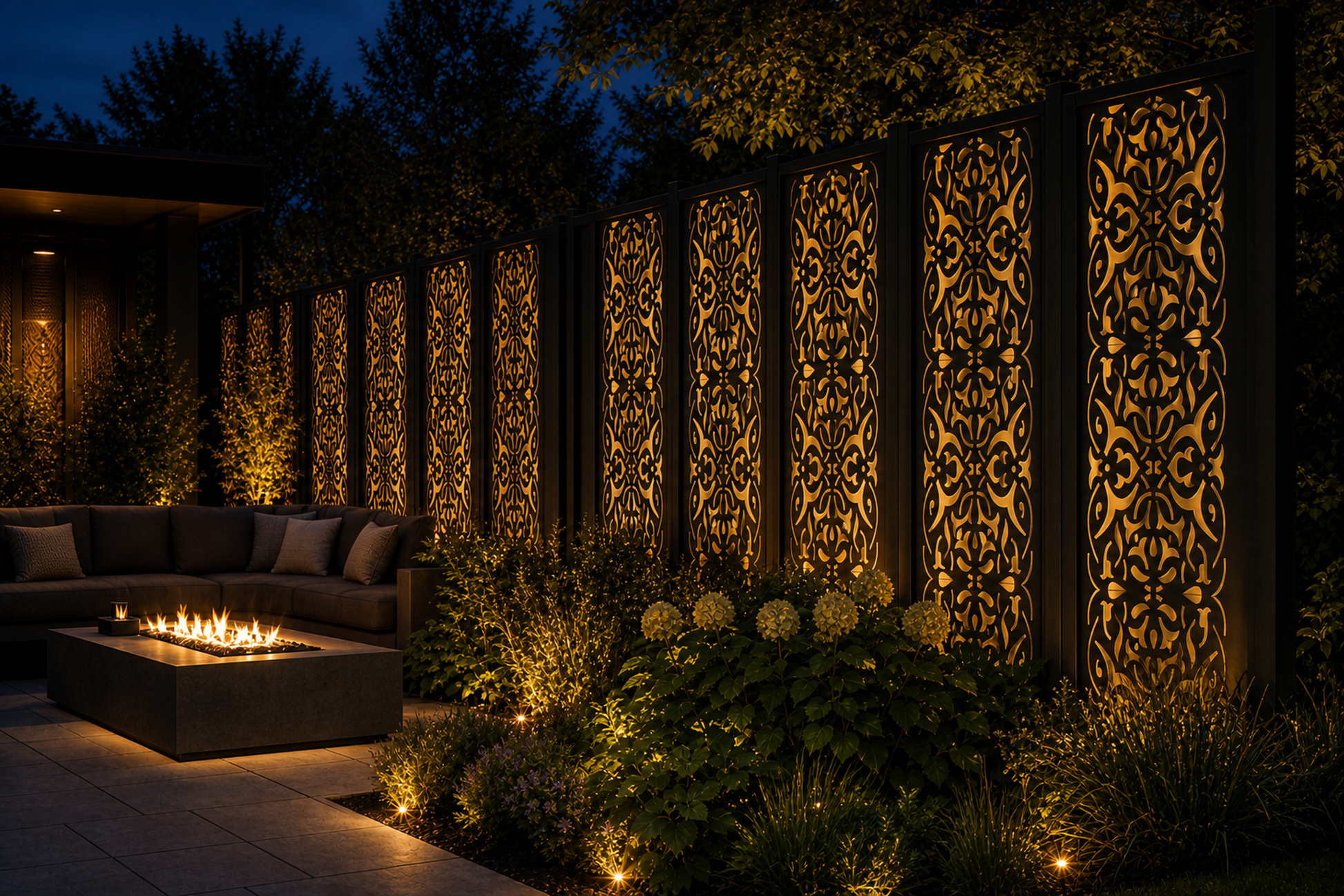 Design 092 Ornate Damask Panel Laser Cut Metal Privacy Screen Panel installed garden night lighting view
