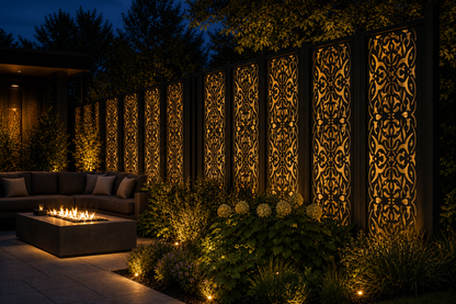 Design 092 Ornate Damask Panel Laser Cut Metal Privacy Screen Panel installed garden night lighting view