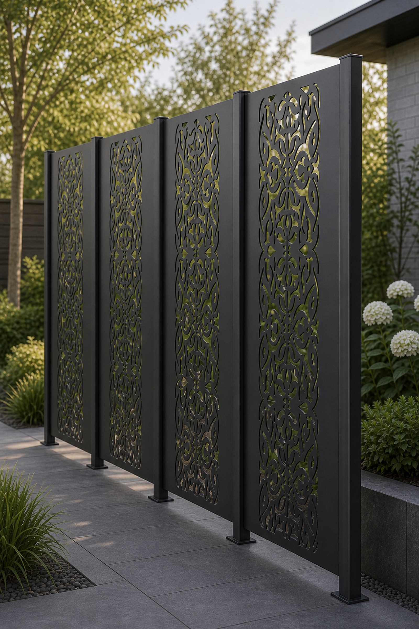 Design 092 Ornate Damask Panel Laser Cut Metal Privacy Screen Panel oblique angle view