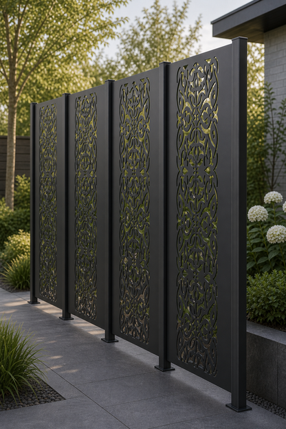 Design 092 Ornate Damask Panel Laser Cut Metal Privacy Screen Panel oblique angle view