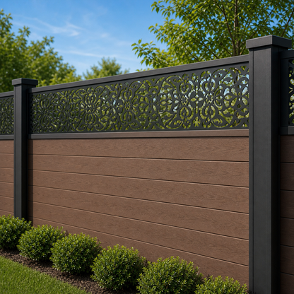 Slim Filigree Vine laser cut fence extension panel installed on composite fence, angle view, Design 092