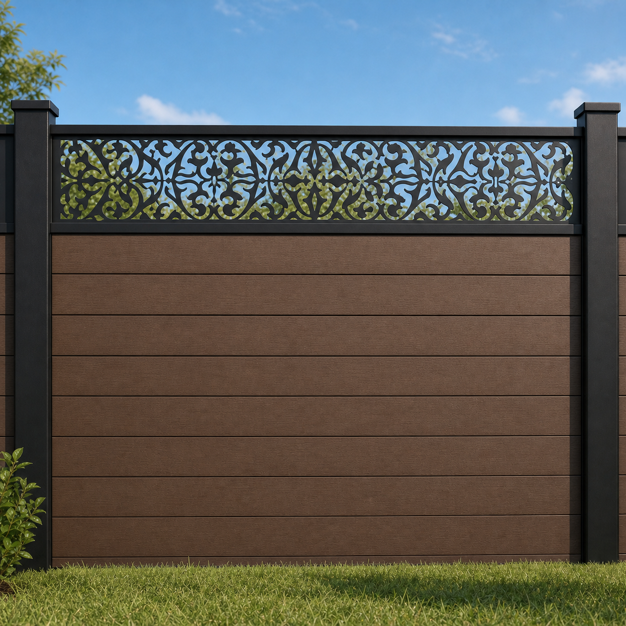 Slim Filigree Vine metal fence topper installed above WPC composite privacy fence, front view, Design 092