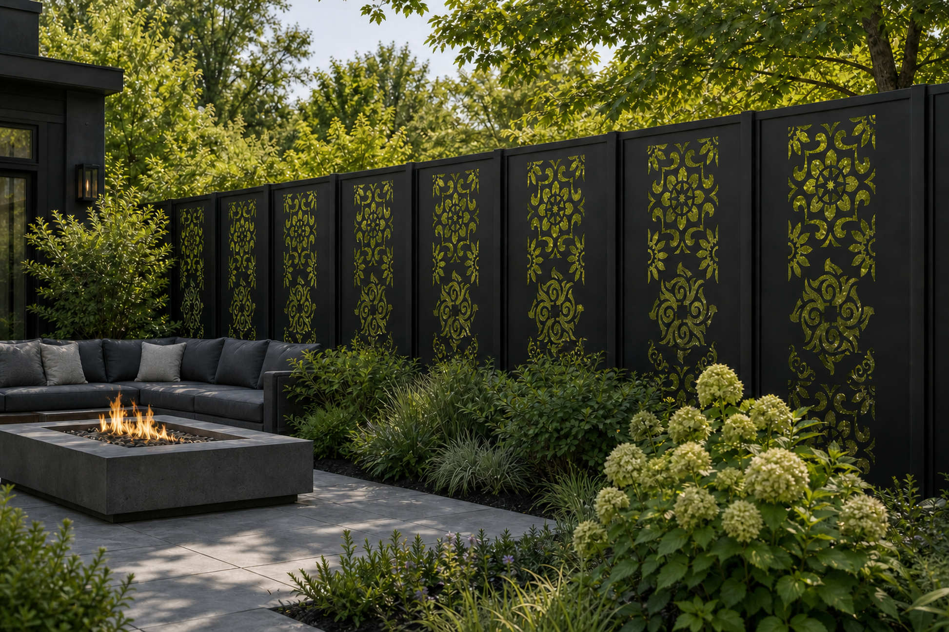 Design 093 Floral Medallion Damask Laser Cut Metal Privacy Screen Panel installed garden daylight view