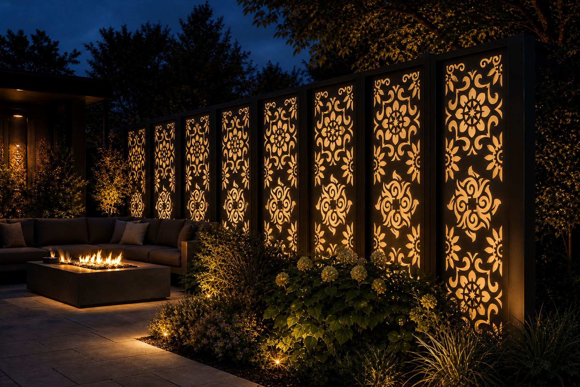Design 093 Floral Medallion Damask Laser Cut Metal Privacy Screen Panel installed garden night lighting view