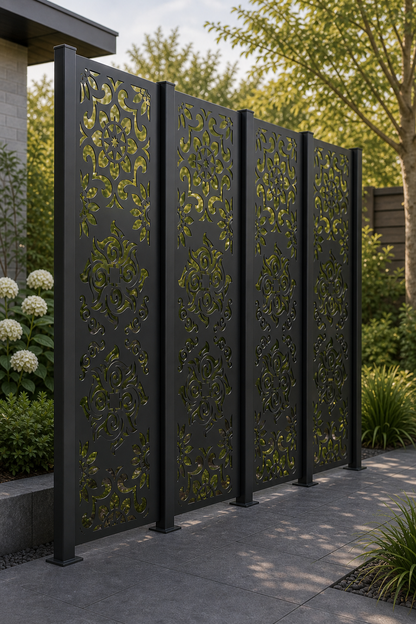 Design 093 Floral Medallion Damask Laser Cut Metal Privacy Screen Panel oblique angle view