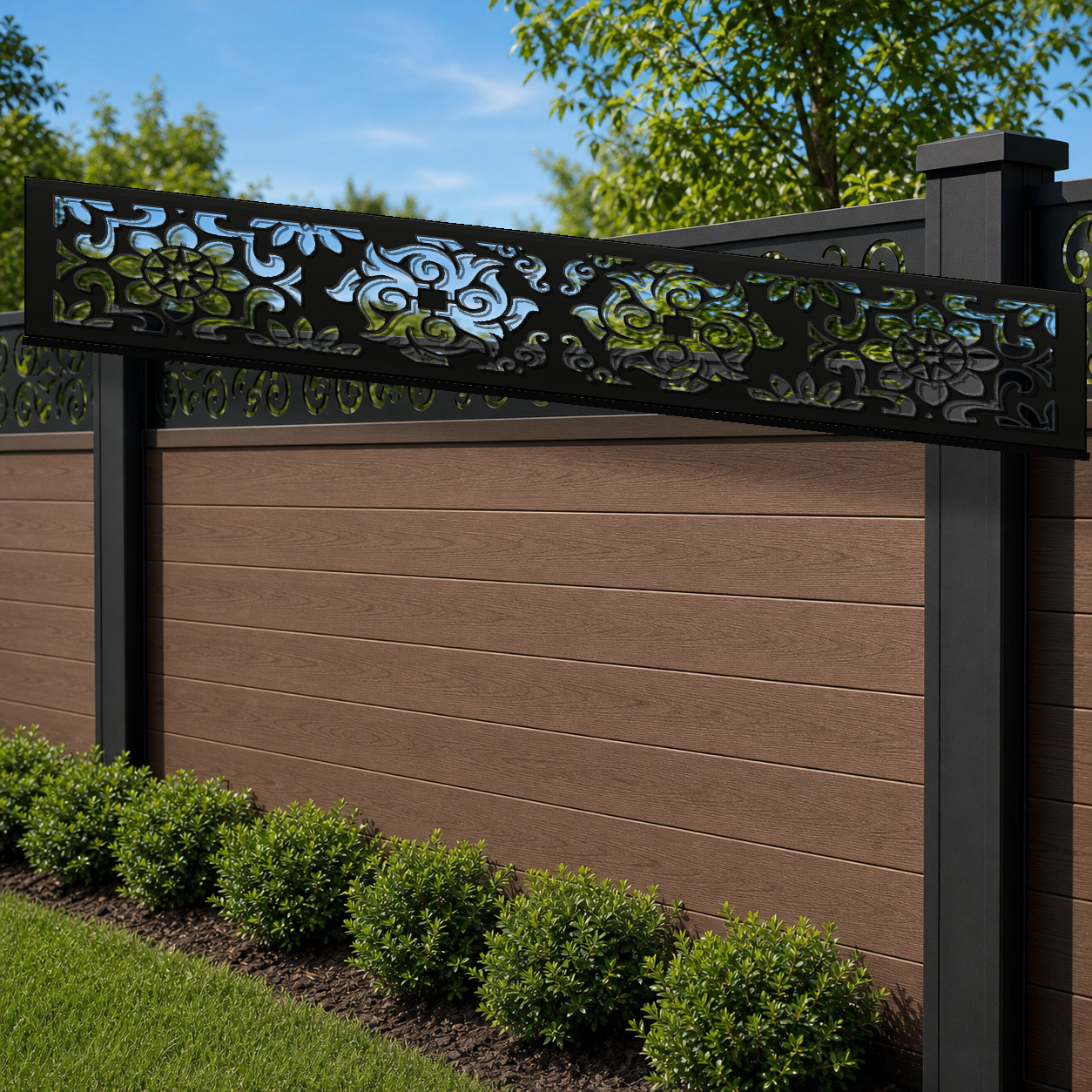 Flower Medallion Grid laser cut fence extension panel installed on composite fence, angle view, Design 093