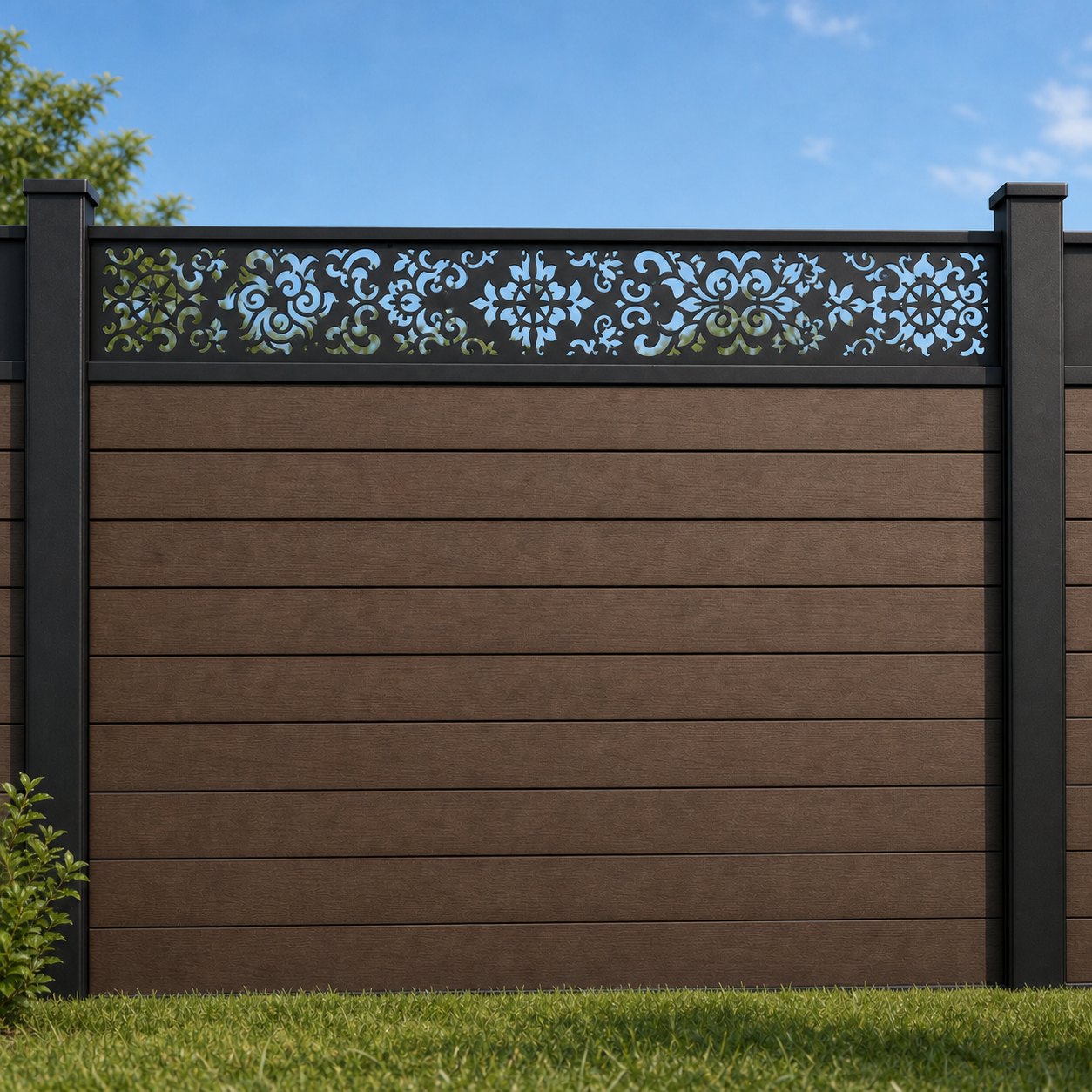 Flower Medallion Grid metal fence topper installed above WPC composite privacy fence, front view, Design 093