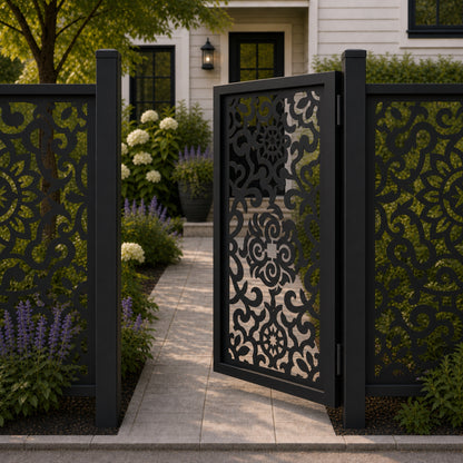 Design 093 sunflower spiral scrollwork black aluminium side gate open view