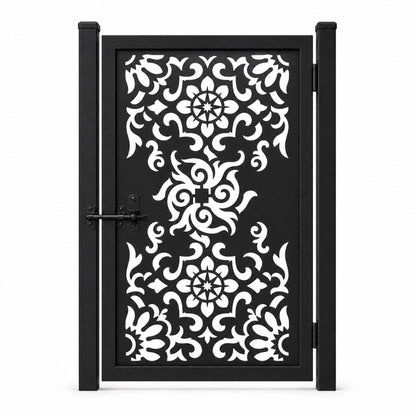 Design 093 sunflower spiral scrollwork black laser cut metal pedestrian gate closed view