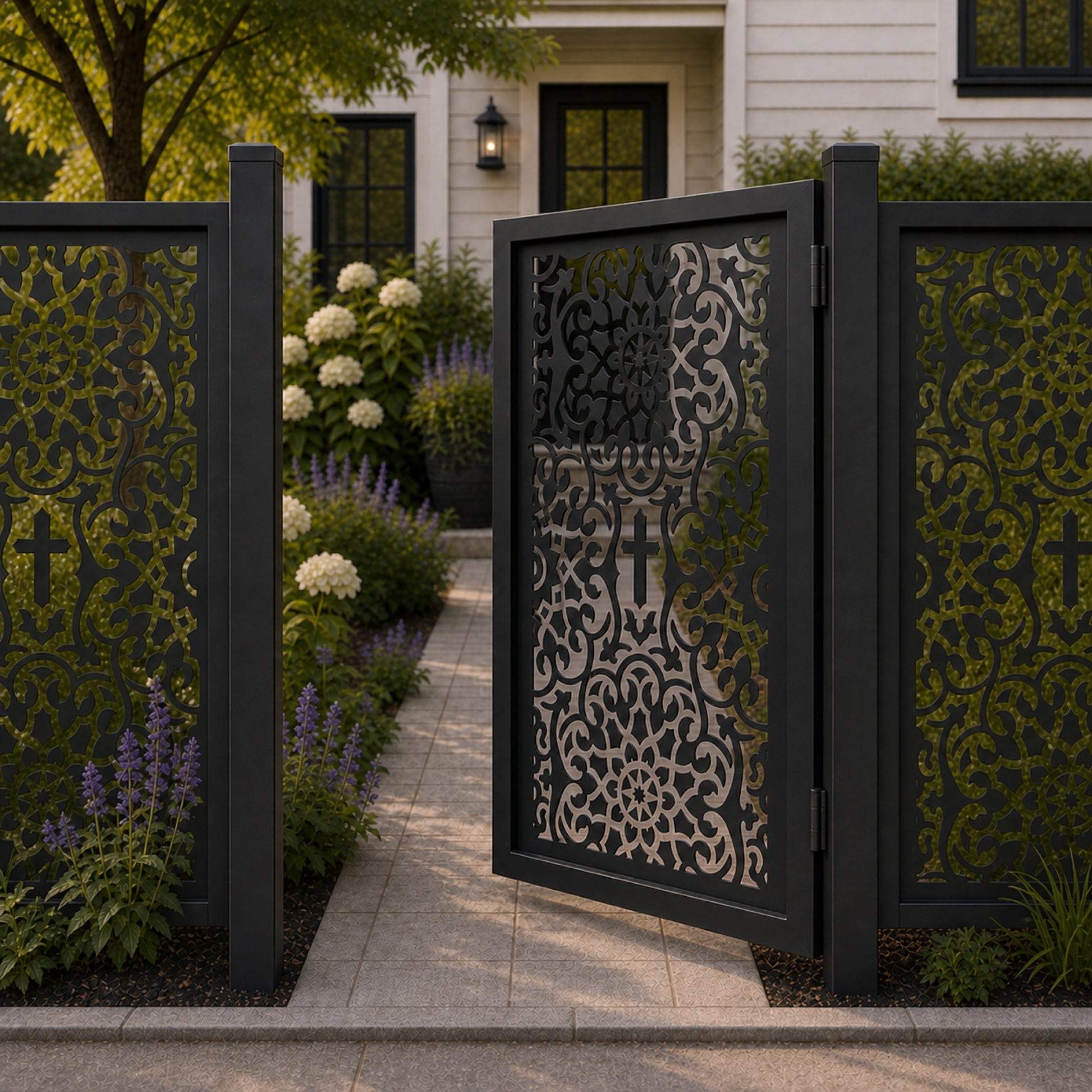 Design 094 cross dense scrollwork black aluminium side gate open view