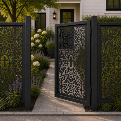 Design 094 cross dense scrollwork black aluminium side gate open view